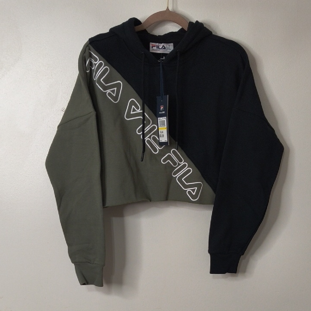 Fila Women's Black and Olive Cropped Hoodie